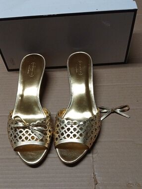 Coach Izabel Metallic Gold Leather Open Toe Slip-on Kitten Heels w/ Ribbons 10